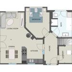 Dieses Haus hat eine Küche, ein Schlafzimmer, ein Bad und einen Wohnbereich.