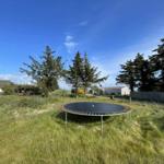 Ein Trampolin steht auf einer grünen Wiese unter blauem Himmel.