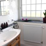 Badezimmer mit Waschbecken, Spiegel und Fenster mit Pflanze.