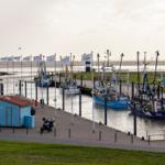 Hafen mit Fischerbooten und blauem Schießhaus an der Uferpromenade.