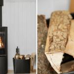 Moderne Feuerstelle mit Brennholz im Wohnbereich.