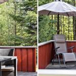 Terrasse mit Sitzgelegenheit und Sonnenschutz im Wald