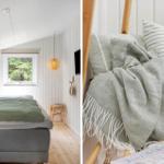 Schlafzimmer mit Bett, Fenster und Lampe. Korb mit Decke und Kissen.