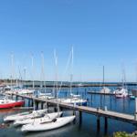 Hafen mit Segelyachten und Steg unter blauem Himmel.