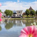 Seeufer mit Blumen, Haus und Menschen im Hintergrund.