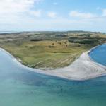 Aerielansicht einer grünen Insel mit Sandstrand und türkisfarbenem Wasser.
