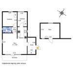 Funktionaler Grundriss mit zwei Schlafzimmern, Küche, Bad und Terrasse.