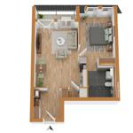 Das Apartment hat eine Küche, ein Wohnzimmer, ein Schlafzimmer und ein Badezimmer.