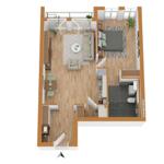 Ein Wohnraum mit Schlafzimmer, Küche und Bad. Balkon mit Sitzgelegenheit.