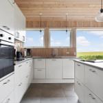 Moderne Küche mit weißen Schränken, Holzdecke und Blick auf grünes Feld.