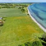Grünes Feld neben Strand mit mehreren Häusern und klarem Meer.