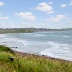 Strand mit Steinen und Gras, Wellen brechen sanft an Küste.