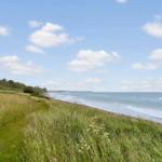 Weg entlang grüner Wiesen zum Strand mit Blick auf das Meer.
