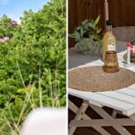 Außenbereich mit Tisch, Stühlen und Pflanzen. Rosa Blüten und Holzwand im Hintergrund.