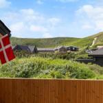 Dänische Flagge weht vor einem Holzzaun mit Blick auf grüne Dünen und Häuser.