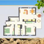 Funktionaler Grundriss einer Ferienwohnung mit Küche, Schlafzimmer und Bad.