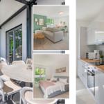 Terrasse mit Sitzgelegenheiten, Wohnzimmer, Schlafzimmer und Küche mit moderner Einrichtung.