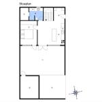 Stueplan zeigt Wohnfläche mit Küche, Bad und Schlafzimmer.