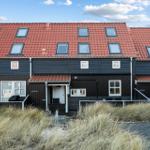 Schwarze Ferienhäuser mit rotem Dach und Dachfenstern. Vorhof mit Gras und Steinen.