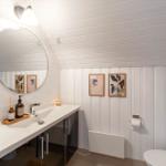 Badezimmer mit Waschbecken, Spiegel und Toilette. Weiße Wände und Holzvertäfelung.