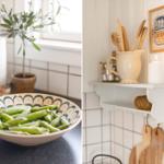 Küchenbereich mit Schale voller Erbsen, Pflanze und Küchenutensilien auf Regal.