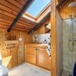 Badezimmer mit Dusche, Waschbecken und Toilette unter Holzdecke mit Dachfenster.