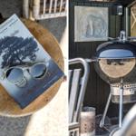 Ein Buch und Sonnenbrille auf einem Holztisch. Grill und Wandbild im Außenbereich.