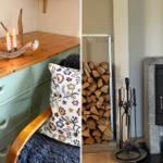 Holzofen mit Brennholz und Feuerzeugset. Holzoberfläche mit Kerzen und Geweih.