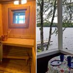 Sauna mit Holzbänken und Fenster. Terrasse mit Tisch, Blick auf See.