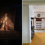 Kamin mit brennendem Feuer und weißer Kachelwand im Wohnbereich.