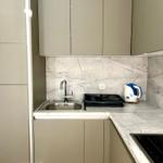 Küche mit grauen Schränken, Marmorarbeitsplatte und Edelstahlspüle.