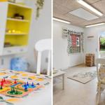 Dining room with table, chairs, and game board. Window and door to garden.