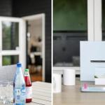 Außenbereich mit Tisch, Getränken und Blick ins Haus. Tisch mit Brettspiel und Tassen.