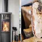 Holzofen mit brennendem Feuer und Stapel Brennholz in einem Raum.