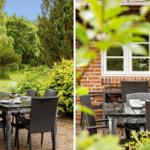 Terrasse mit Tisch und Stühlen vor einem Backsteinhaus mit Fenster.