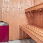 Sauna mit Holzwand, Sitzbänken und Heizung