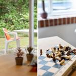 Terrasse mit Stuhl und Tisch. Schachbrett mit Figuren auf Tisch.