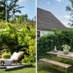 Terrasse mit Liegestuhl und Gartenmöbeln vor grüner Hecke und Haus.