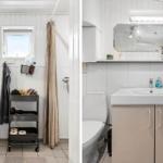 Badezimmer mit Dusche, Waschbecken und Toilette. Weiße Wände und beige Schränke.