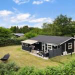 Schwarzes Ferienhaus mit Terrasse und Garten unter blauem Himmel.