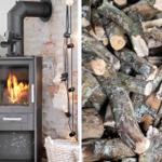 Holzofen mit Flammen, daneben Stapel Brennholz.