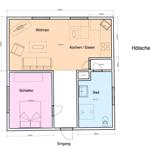 Wohnung mit Schlafzimmer, Bad, Küche und Wohnbereich. Flächenangaben eingezeichnet.