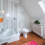 Badezimmer mit Dusche, Toilette, Waschbecken und Dachfenster.