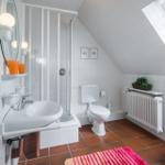 Badezimmer mit Dusche, Toilette und Waschbecken. Terrakottafußboden und farbiger Teppich.