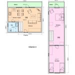 Obergeschoss mit Wohn- und Essbereich, Bad und Balkon. Untergeschoss mit Schlafzimmern und Balkon.