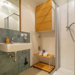 Badezimmer mit Dusche, Waschbecken und Holzschränken.