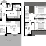 Geschossplan zeigt Küche, Essbereich, Schlafzimmer und Bad.