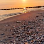Sonnenuntergang am Strand mit Muscheln und Holzsteg im Hintergrund.