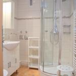 Badezimmer mit Dusche, Waschbecken und Heizung.