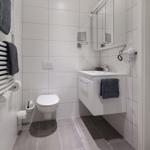 Badezimmer mit Toilette, Waschbecken und Spiegelschrank. Graue Fliesen und weiße Wandfliesen.